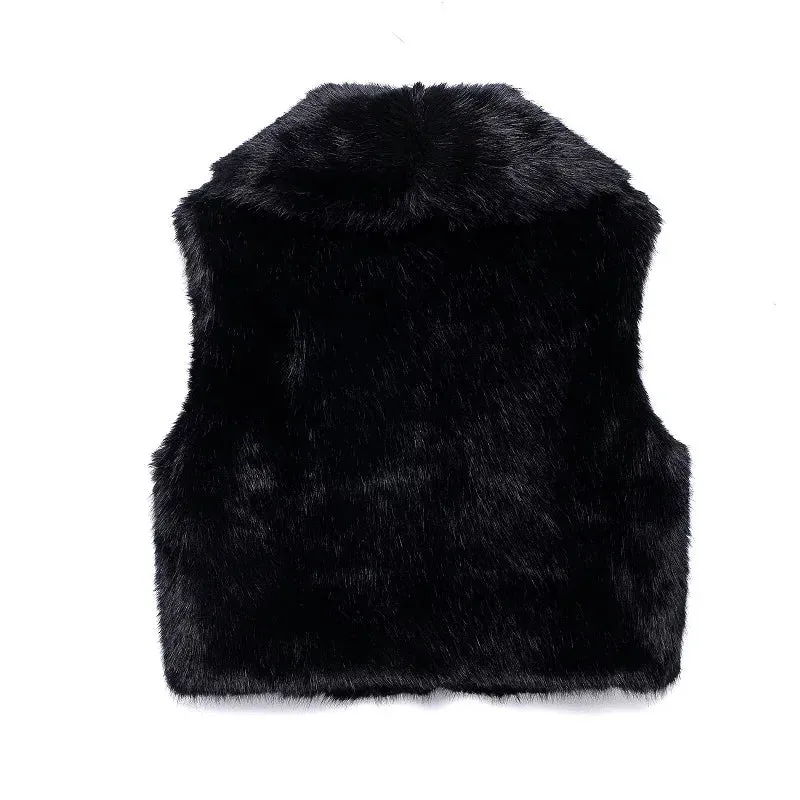 Faux Fur Sleeveless Vest  Black Cropped Winter Waistcoat for Women