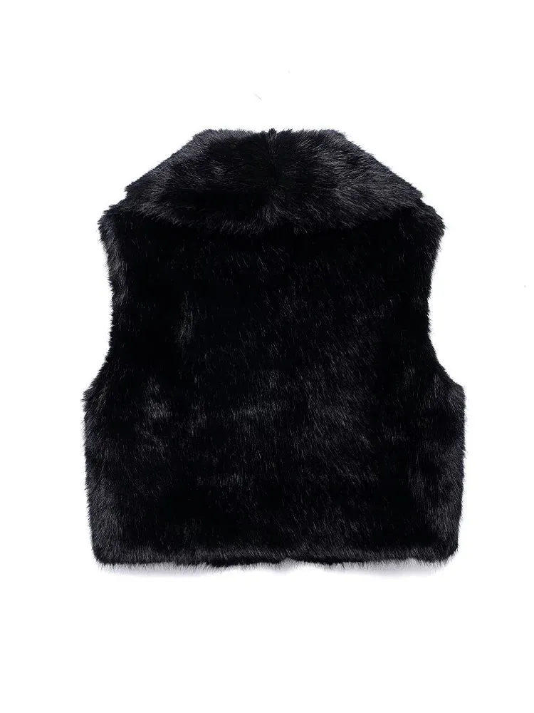 Faux Fur Sleeveless Vest  Black Cropped Winter Waistcoat for Women