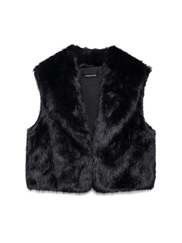 Faux Fur Sleeveless Vest  Black Cropped Winter Waistcoat for Women