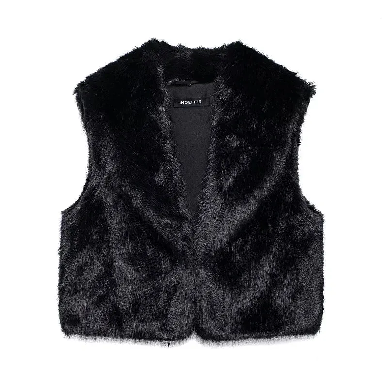 Faux Fur Sleeveless Vest  Black Cropped Winter Waistcoat for Women