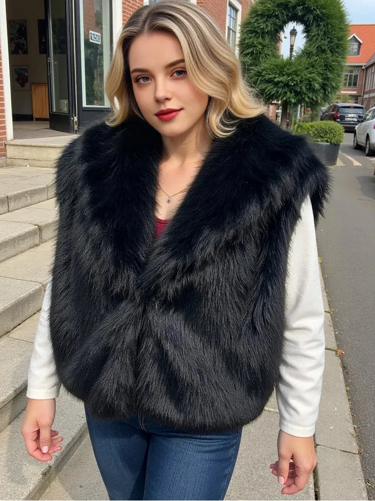 Faux Fur Sleeveless Vest  Black Cropped Winter Waistcoat for Women