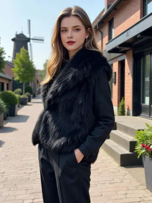 Faux Fur Sleeveless Vest  Black Cropped Winter Waistcoat for Women