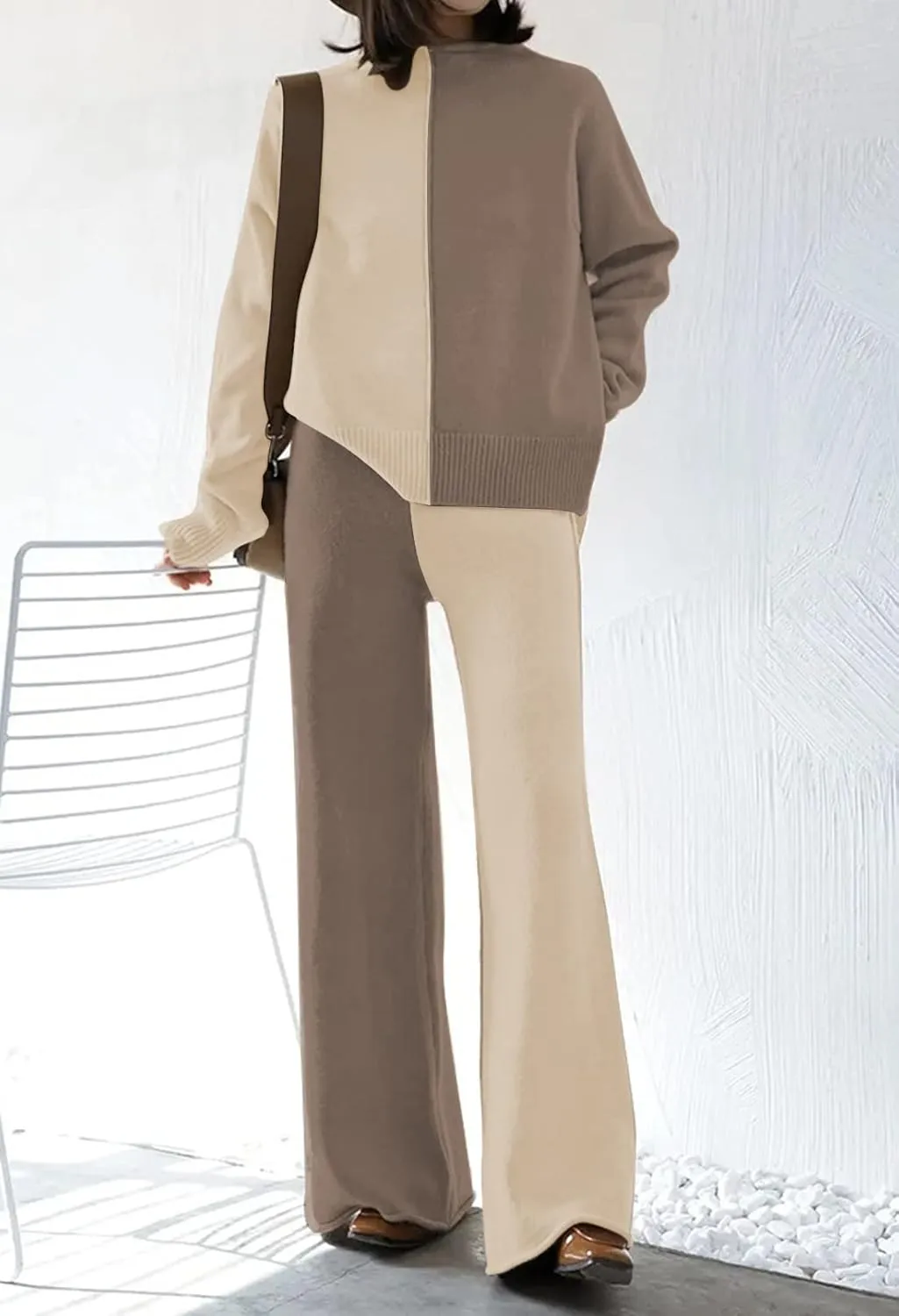 Fixmatti Women Knit Sweatsuit Turtleneck Sweater Top and Wide Leg Pant 2 Piece Outfits