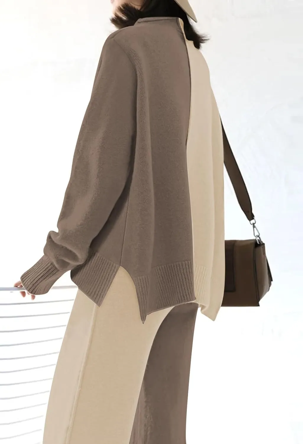 Fixmatti Women Knit Sweatsuit Turtleneck Sweater Top and Wide Leg Pant 2 Piece Outfits