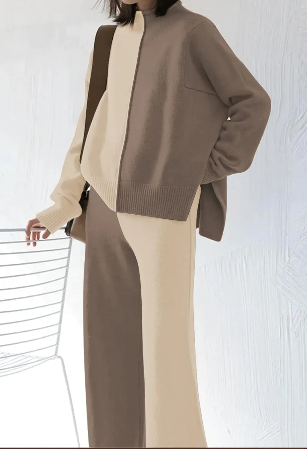 Fixmatti Women Knit Sweatsuit Turtleneck Sweater Top and Wide Leg Pant 2 Piece Outfits