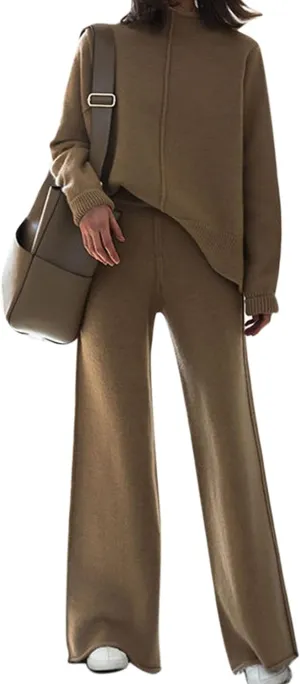 Fixmatti Women Knit Sweatsuit Turtleneck Sweater Top and Wide Leg Pant 2 Piece Outfits