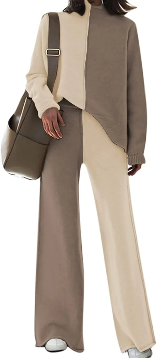 Fixmatti Women Knit Sweatsuit Turtleneck Sweater Top and Wide Leg Pant 2 Piece Outfits