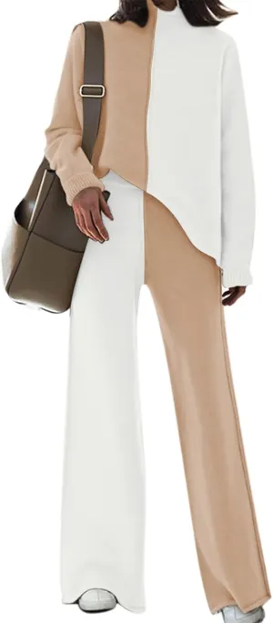 Fixmatti Women Knit Sweatsuit Turtleneck Sweater Top and Wide Leg Pant 2 Piece Outfits