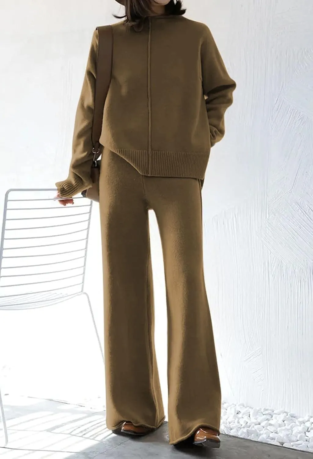 Fixmatti Women Knit Sweatsuit Turtleneck Sweater Top and Wide Leg Pant 2 Piece Outfits