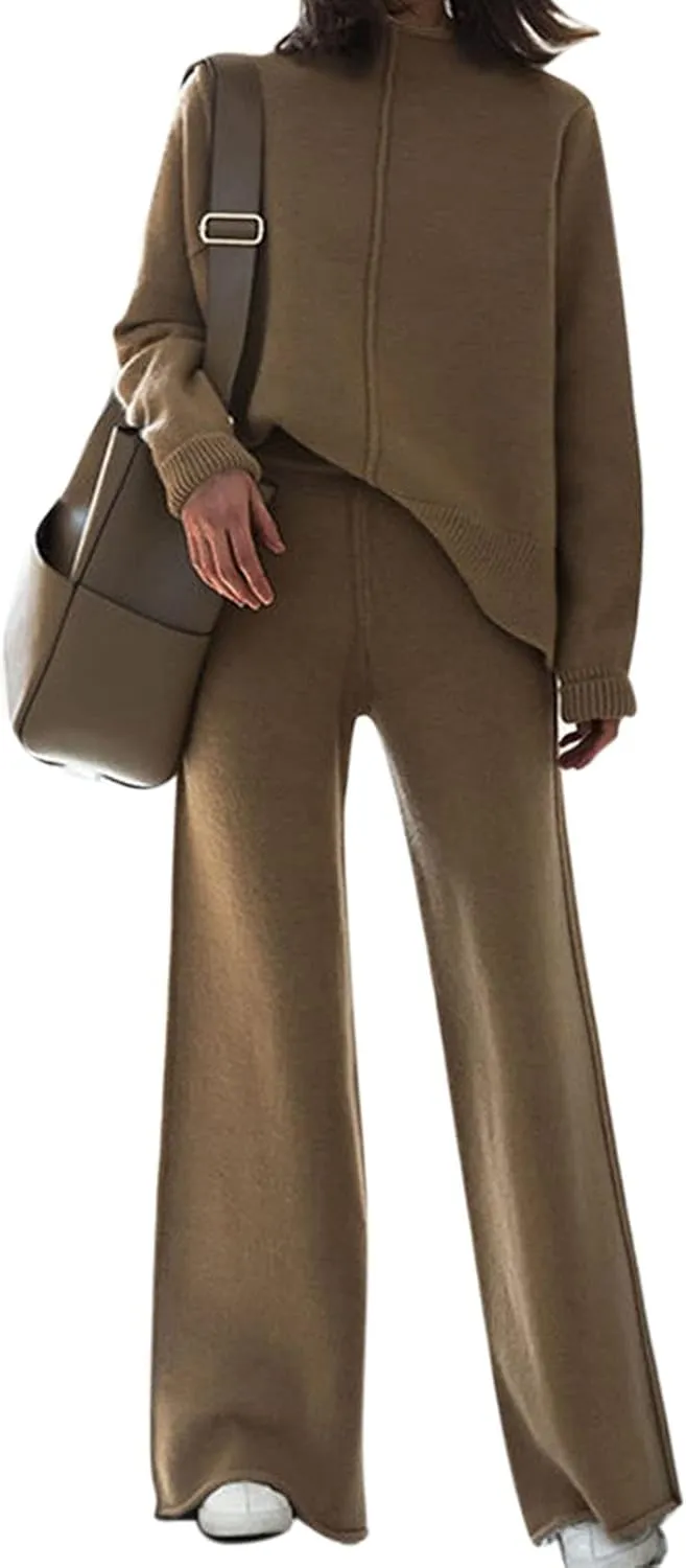 Fixmatti Women Knit Sweatsuit Turtleneck Sweater Top and Wide Leg Pant 2 Piece Outfits