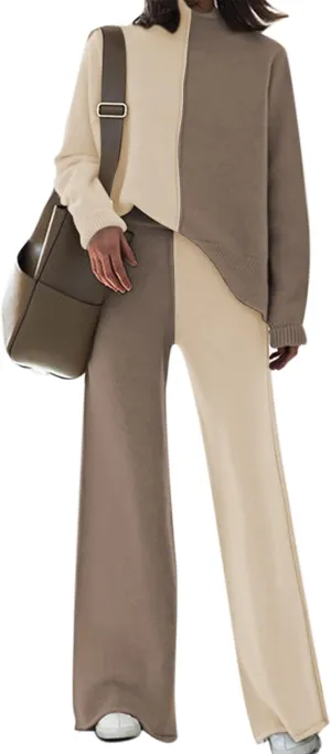Fixmatti Women Knit Sweatsuit Turtleneck Sweater Top and Wide Leg Pant 2 Piece Outfits