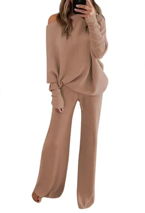 Fixmatti Womens Knitted Outfits 2 Pieces Sweatsuit High Neck Sweater Wide Leg Pant Set