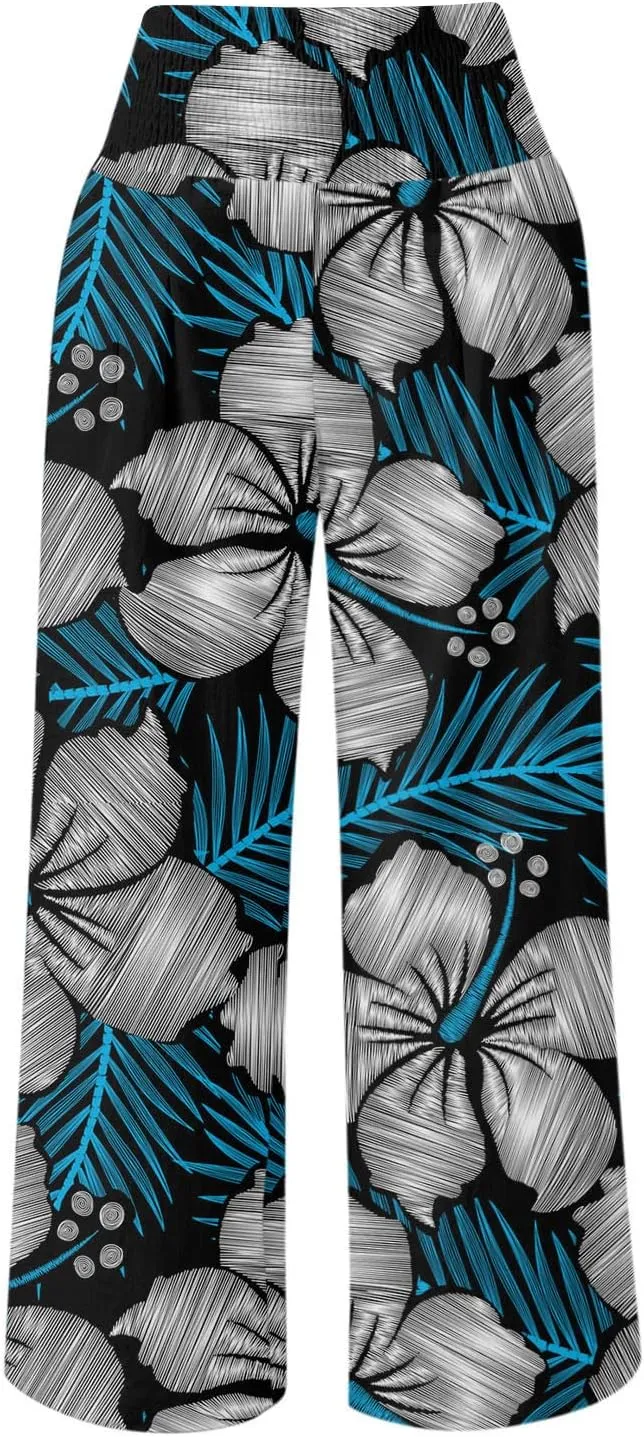 Flowy Summer Pants for Women 2025 Baggy Y2K Summer Stretchy Boho Beach Pants Relaxed Loose Fit Elastic Lightweight Trousers