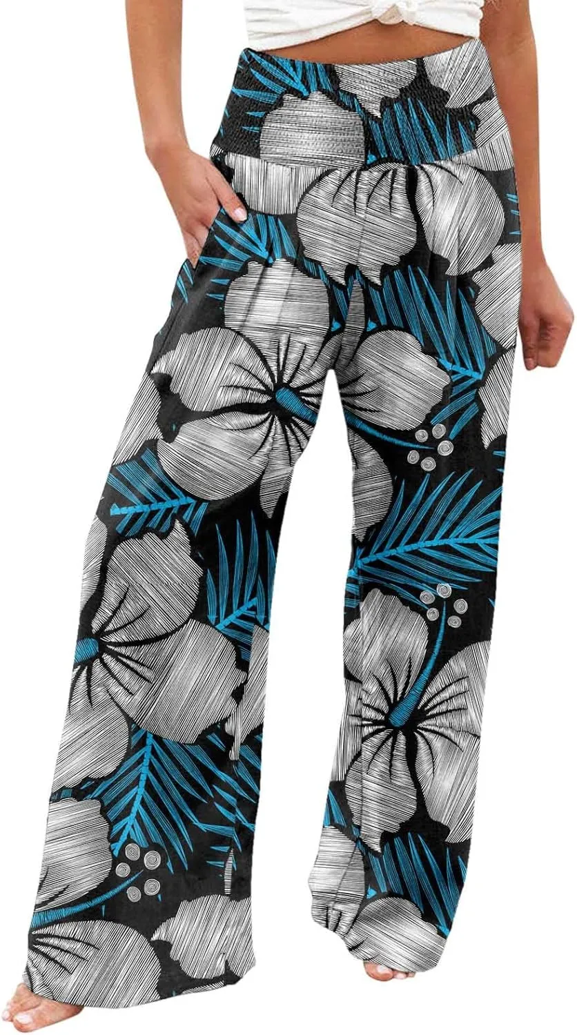 Flowy Summer Pants for Women 2025 Baggy Y2K Summer Stretchy Boho Beach Pants Relaxed Loose Fit Elastic Lightweight Trousers