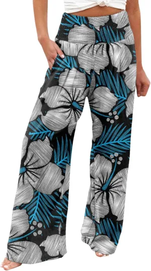 Flowy Summer Pants for Women 2025 Baggy Y2K Summer Stretchy Boho Beach Pants Relaxed Loose Fit Elastic Lightweight Trousers