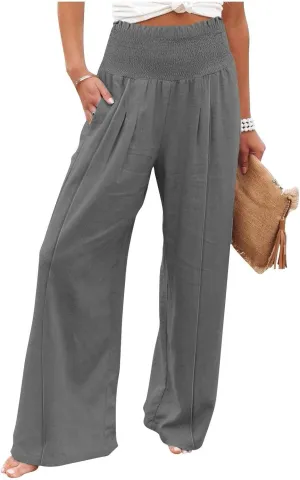 Flwoy Palazzo Pants for Women Smocked Elastic Waist Boho Linen Wide Leg Pants Casual Flowy Summer Pants with Pockets