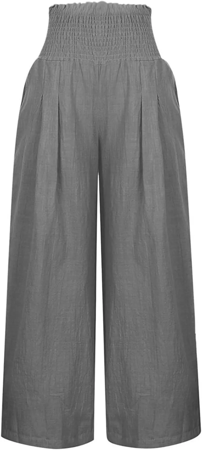 Flwoy Palazzo Pants for Women Smocked Elastic Waist Boho Linen Wide Leg Pants Casual Flowy Summer Pants with Pockets