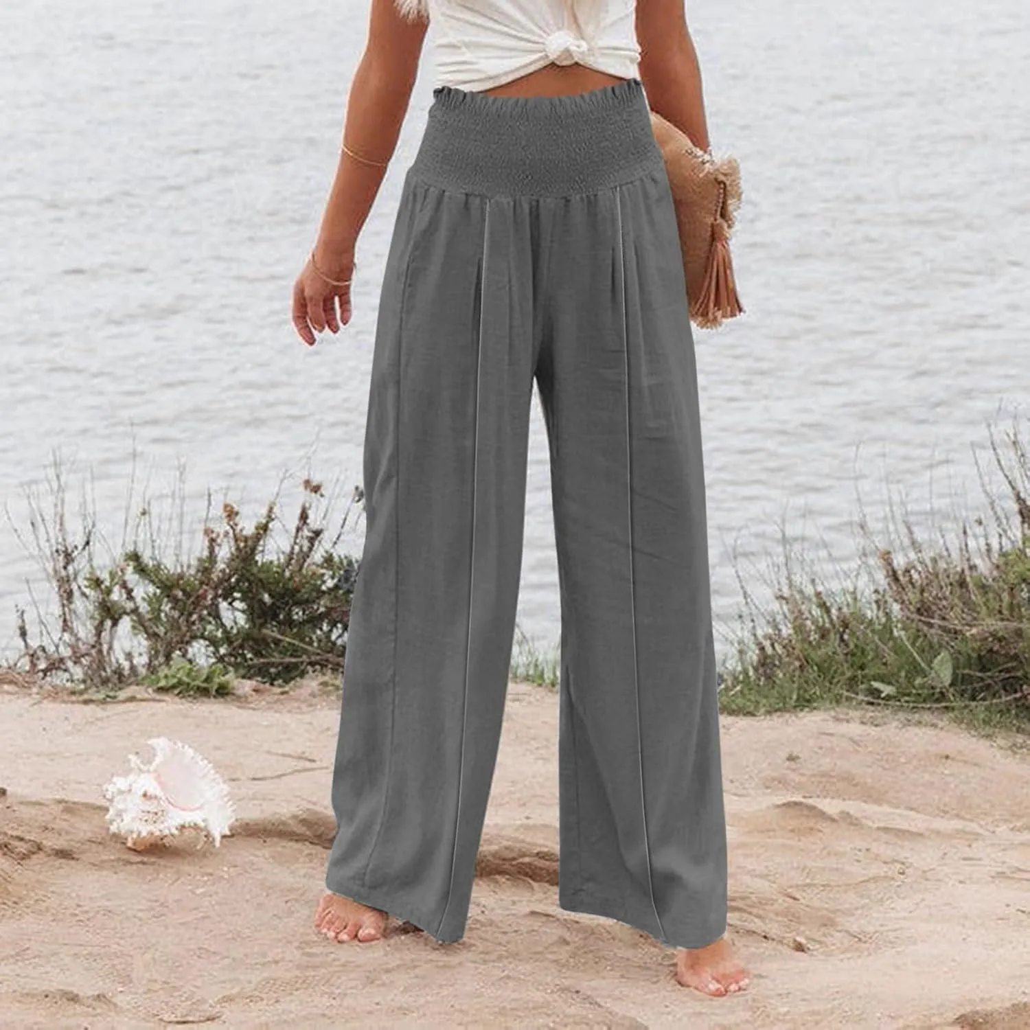 Flwoy Palazzo Pants for Women Smocked Elastic Waist Boho Linen Wide Leg Pants Casual Flowy Summer Pants with Pockets