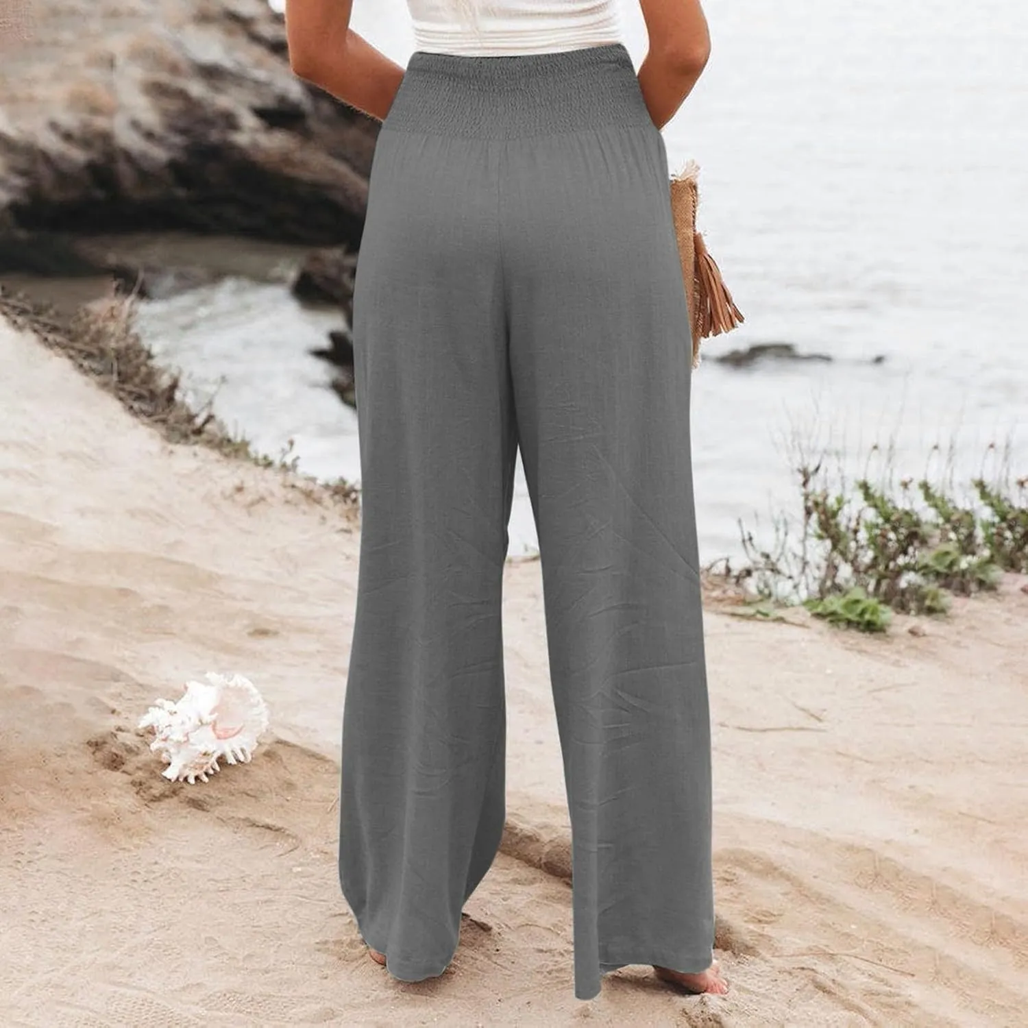 Flwoy Palazzo Pants for Women Smocked Elastic Waist Boho Linen Wide Leg Pants Casual Flowy Summer Pants with Pockets