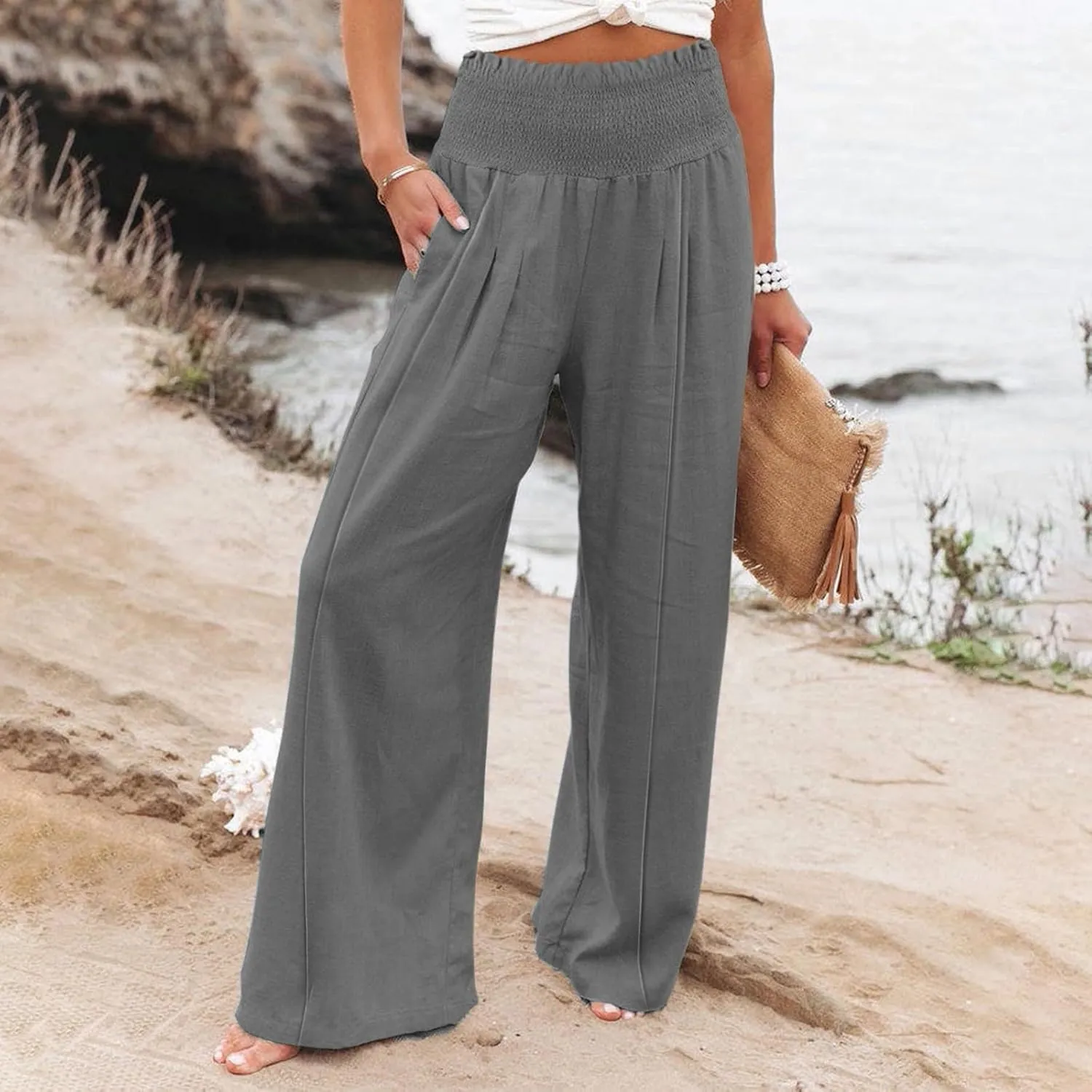 Flwoy Palazzo Pants for Women Smocked Elastic Waist Boho Linen Wide Leg Pants Casual Flowy Summer Pants with Pockets