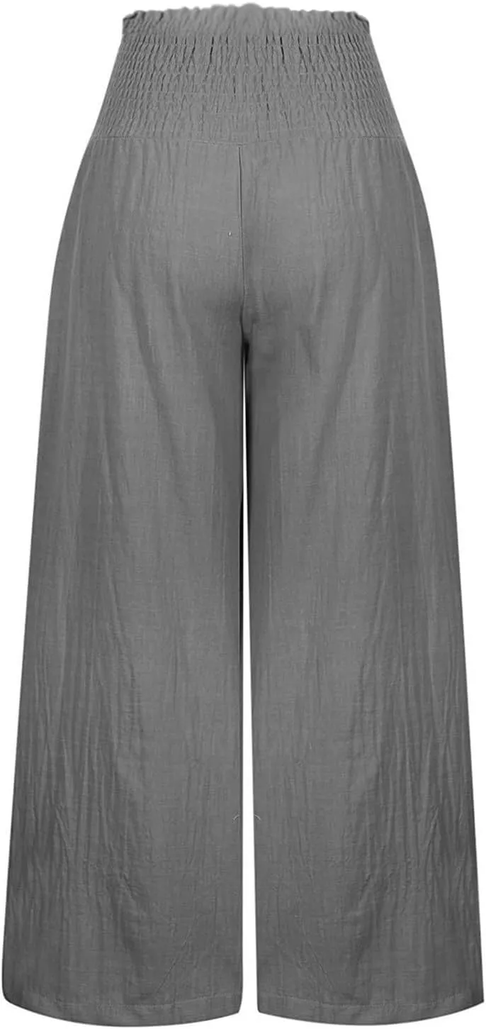 Flwoy Palazzo Pants for Women Smocked Elastic Waist Boho Linen Wide Leg Pants Casual Flowy Summer Pants with Pockets