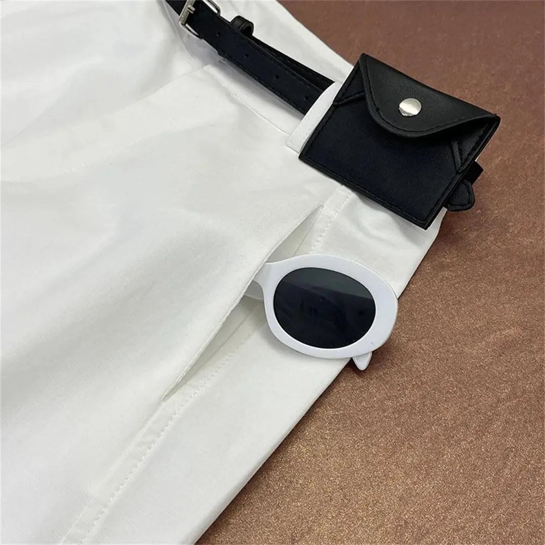 Fnfmrfmr Loose Casual Wide Leg Pants for Women Belt High Waist Solid Pockets Buttons Trousers
