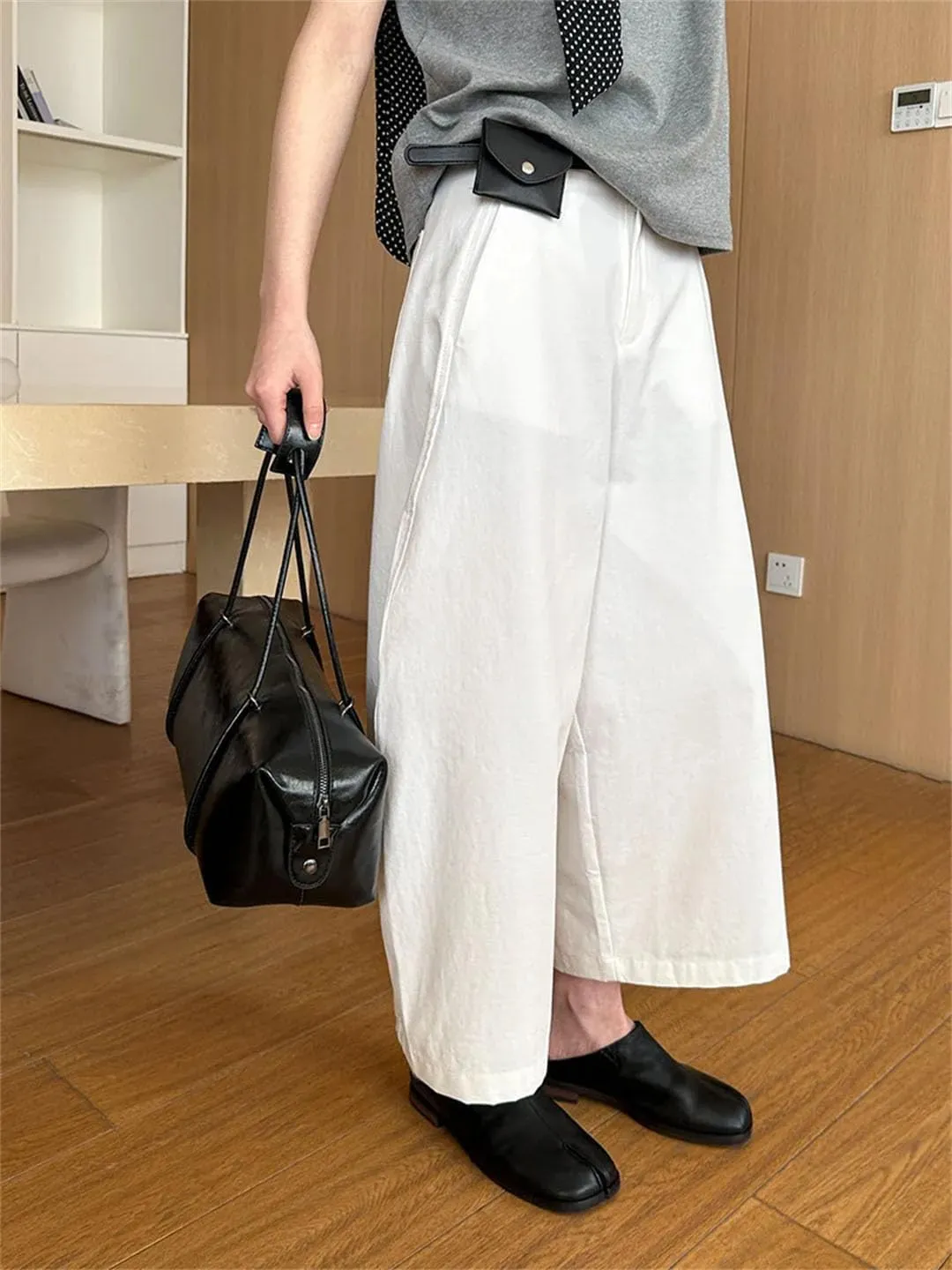 Fnfmrfmr Loose Casual Wide Leg Pants for Women Belt High Waist Solid Pockets Buttons Trousers