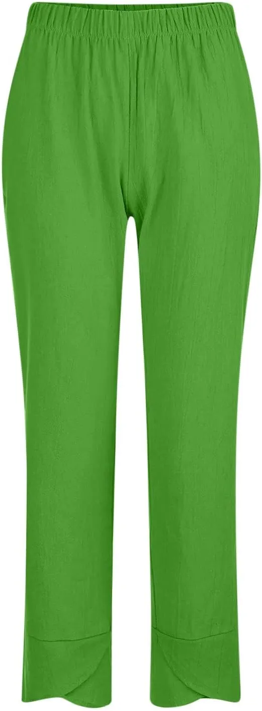 FZYLQY Capri Pants for Womens Casual Summer Cotton Linen Pants Loose Elastic Waist Capris Trousers Wide Leg Cropped Pants