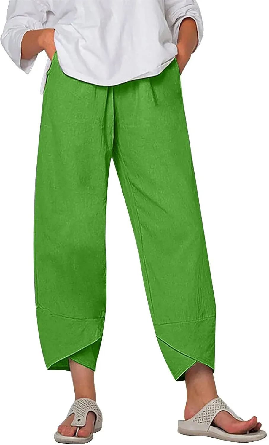 FZYLQY Capri Pants for Womens Casual Summer Cotton Linen Pants Loose Elastic Waist Capris Trousers Wide Leg Cropped Pants