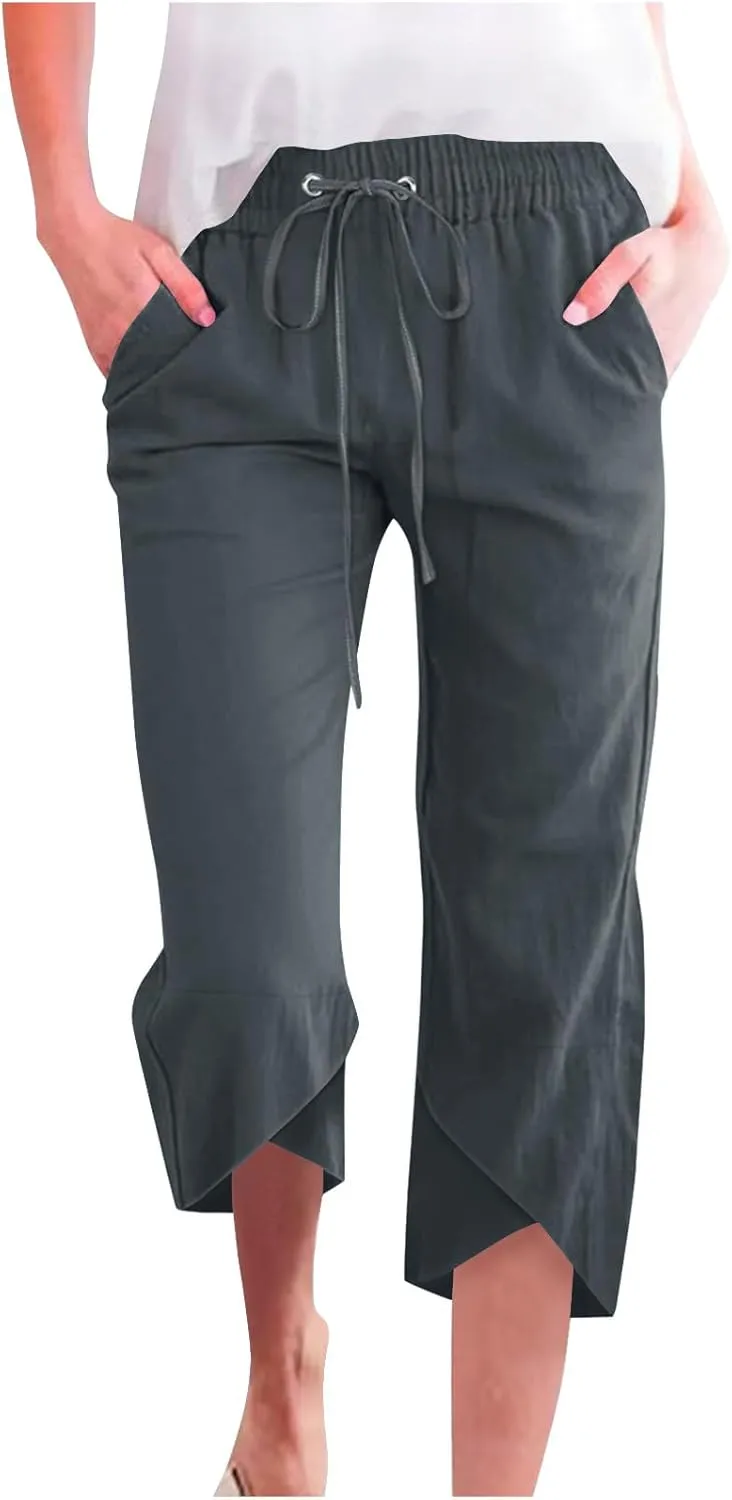FZYLQY Cotton Linen Pants for Womens 2025 Summer Elastic Waist Solid Capris Pants Straight Wide Leg Cropped Trousers