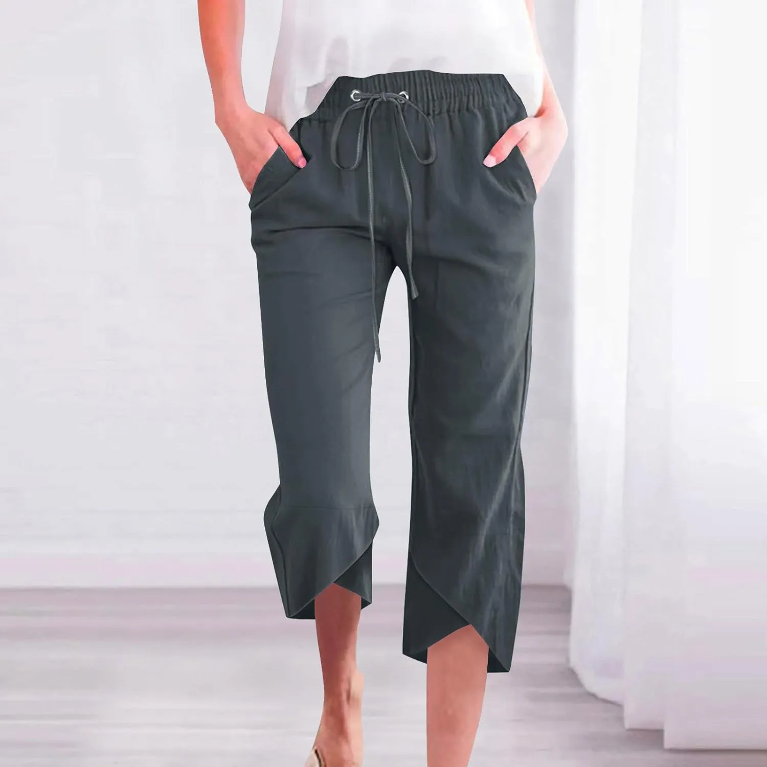 FZYLQY Cotton Linen Pants for Womens 2025 Summer Elastic Waist Solid Capris Pants Straight Wide Leg Cropped Trousers