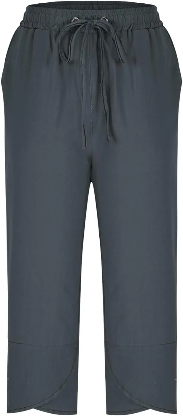 FZYLQY Cotton Linen Pants for Womens 2025 Summer Elastic Waist Solid Capris Pants Straight Wide Leg Cropped Trousers