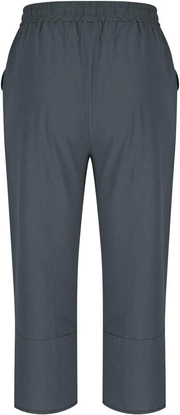 FZYLQY Cotton Linen Pants for Womens 2025 Summer Elastic Waist Solid Capris Pants Straight Wide Leg Cropped Trousers