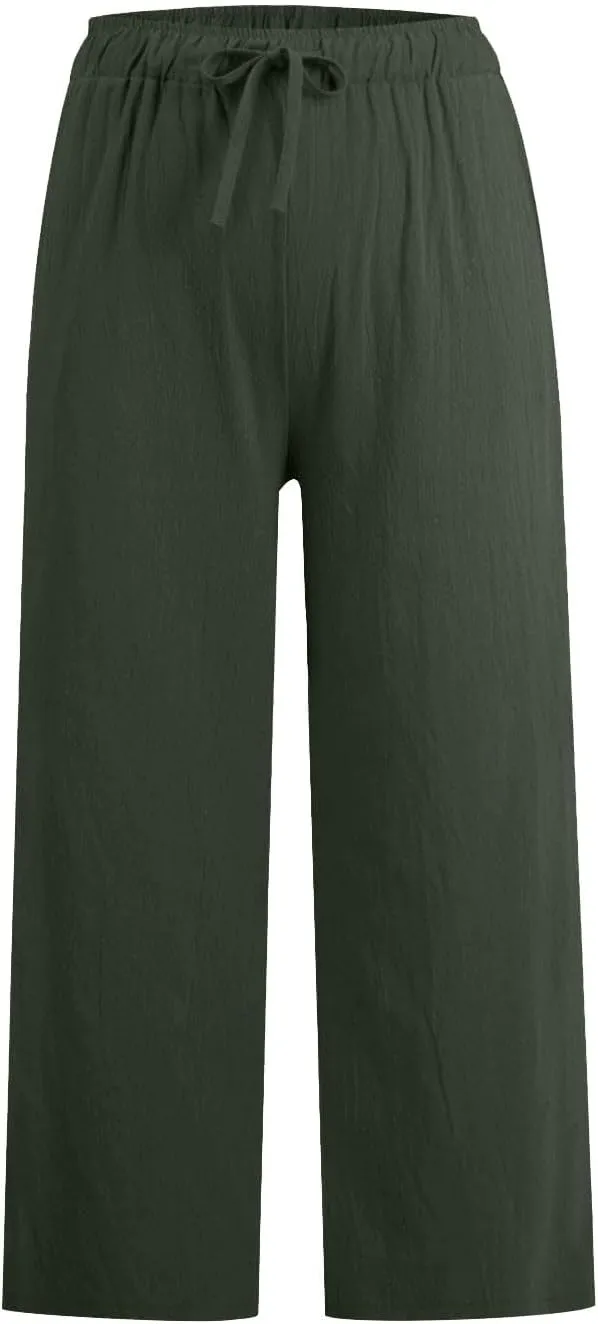 FZYLQY Cotton Linen Pants for Womens 2025 Wide Leg Cropped Lounge Trousers Drawstring Elastic Waist Summer Beach Pants