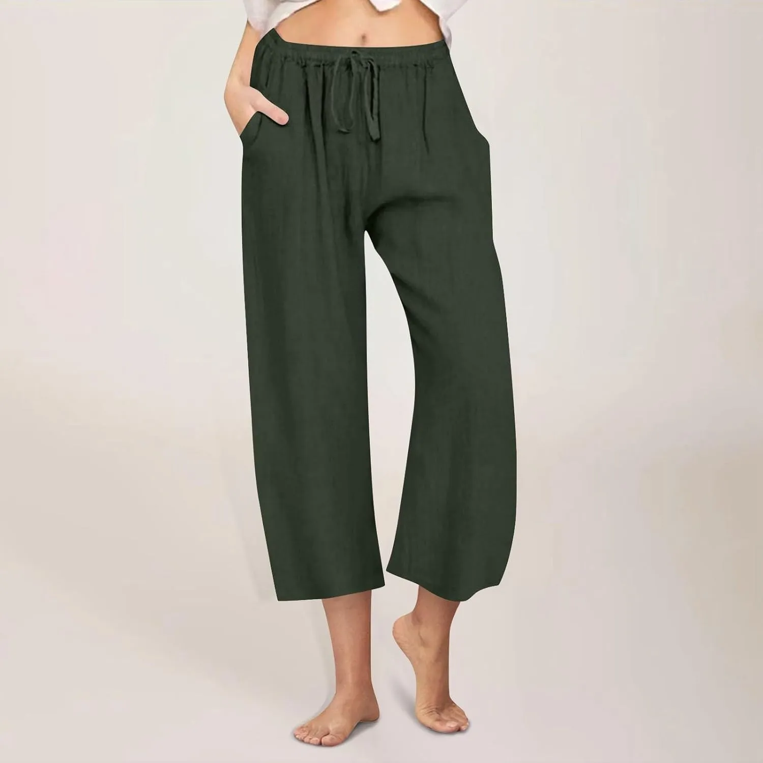 FZYLQY Cotton Linen Pants for Womens 2025 Wide Leg Cropped Lounge Trousers Drawstring Elastic Waist Summer Beach Pants
