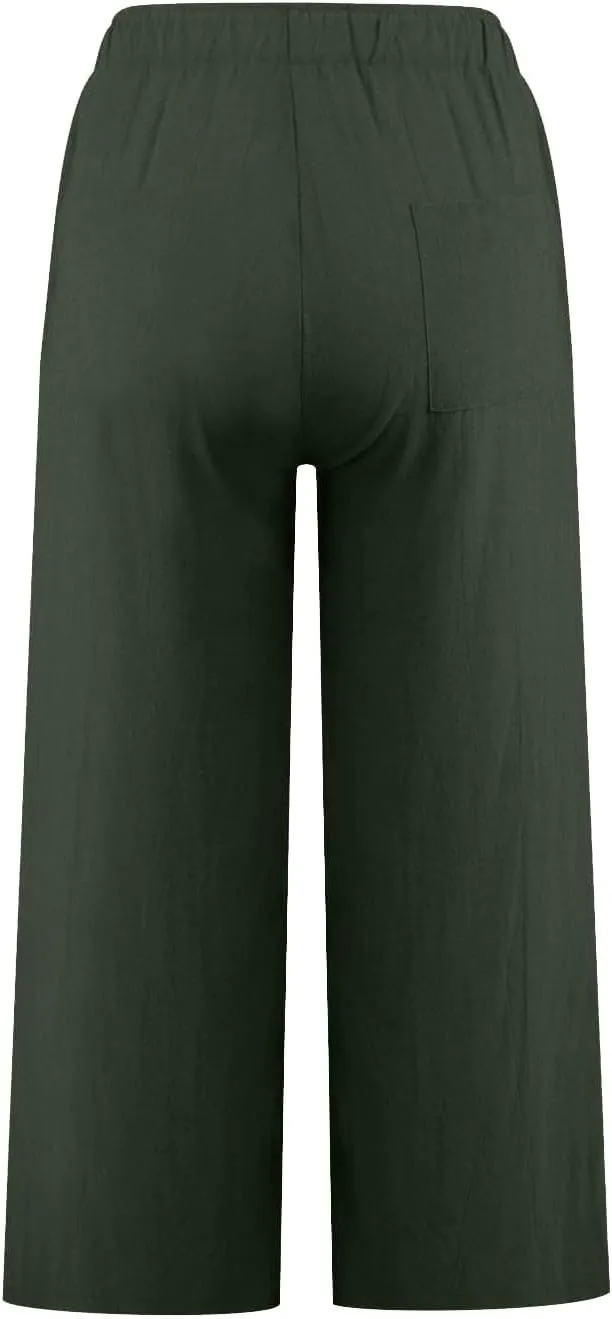 FZYLQY Cotton Linen Pants for Womens 2025 Wide Leg Cropped Lounge Trousers Drawstring Elastic Waist Summer Beach Pants