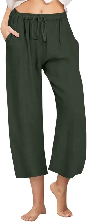 FZYLQY Cotton Linen Pants for Womens 2025 Wide Leg Cropped Lounge Trousers Drawstring Elastic Waist Summer Beach Pants