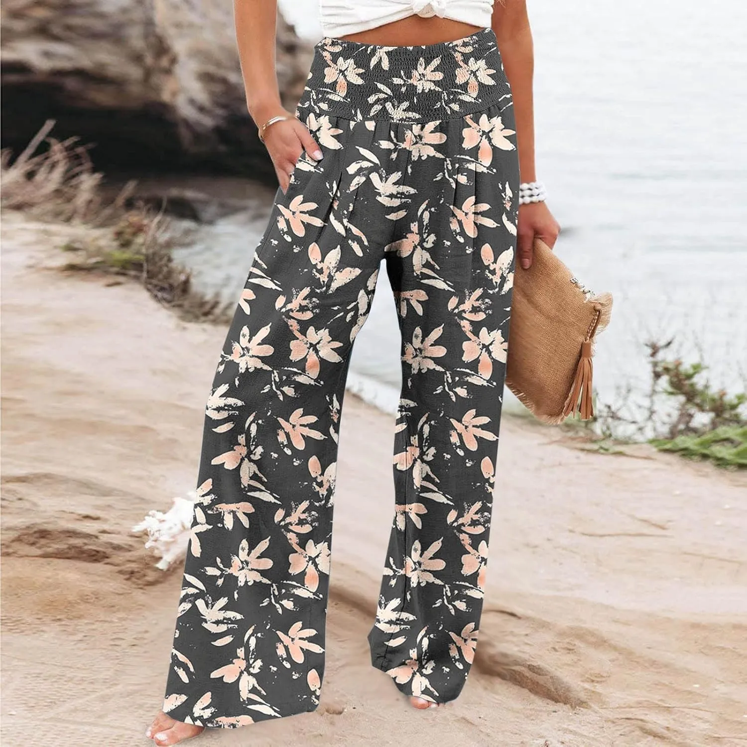 FZYLQY Wide Leg Pants for Women Dressy Button High Waisted Business Pants Summer Casual Work Beach Pants Trousers with Pocket