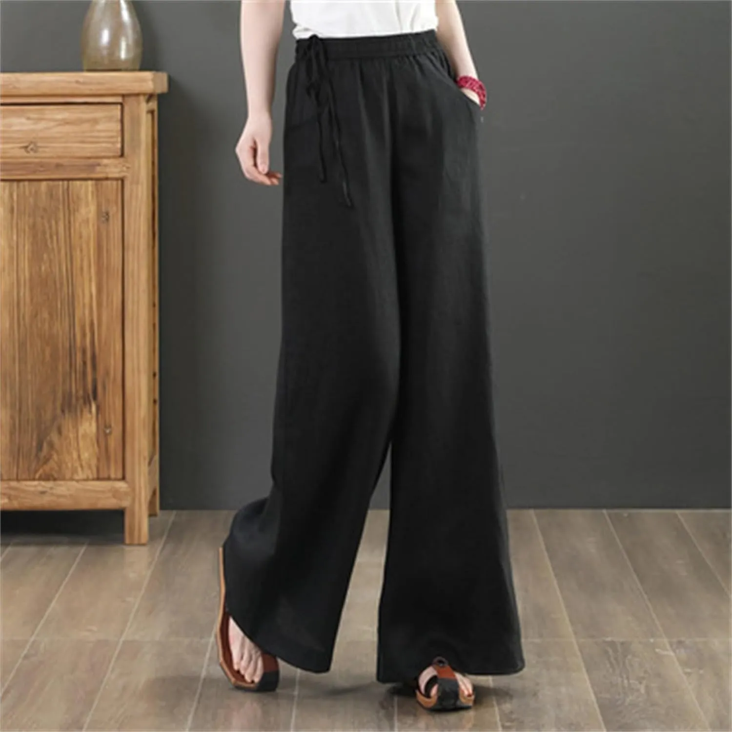 FZYLQY Women Casual Cotton Linen Baggy Pants Relaxed Fit Soft Comfy Wide Leg Trousers Drawstring High Waist Loose Pants