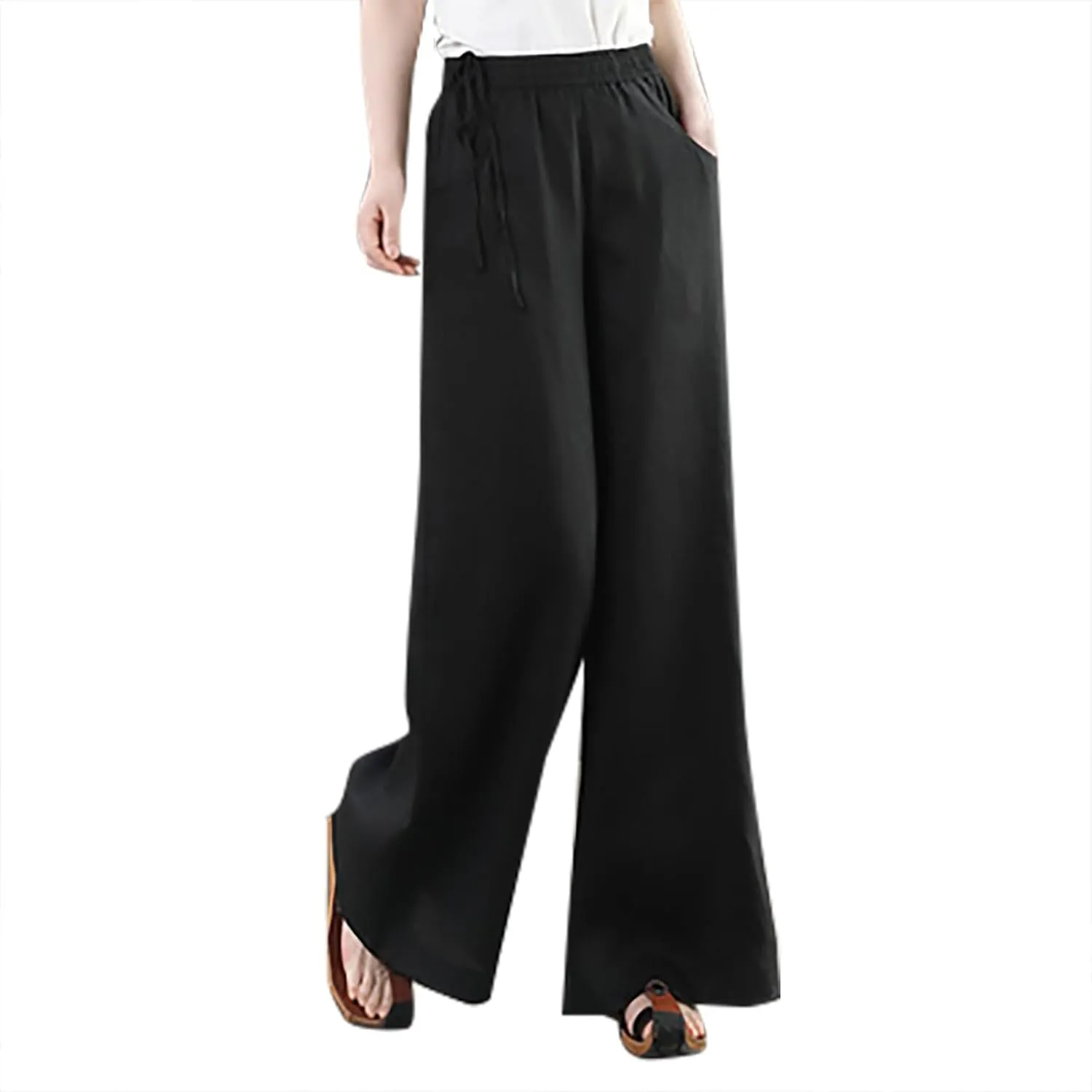 FZYLQY Women Casual Cotton Linen Baggy Pants Relaxed Fit Soft Comfy Wide Leg Trousers Drawstring High Waist Loose Pants