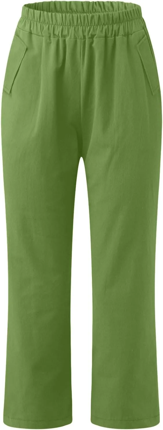 FZYLQY Womens High Waist Elastic Waist Pants Cotton Linen Summer Pants Ankle Length Comfy Trousers Boho Travel Clothes