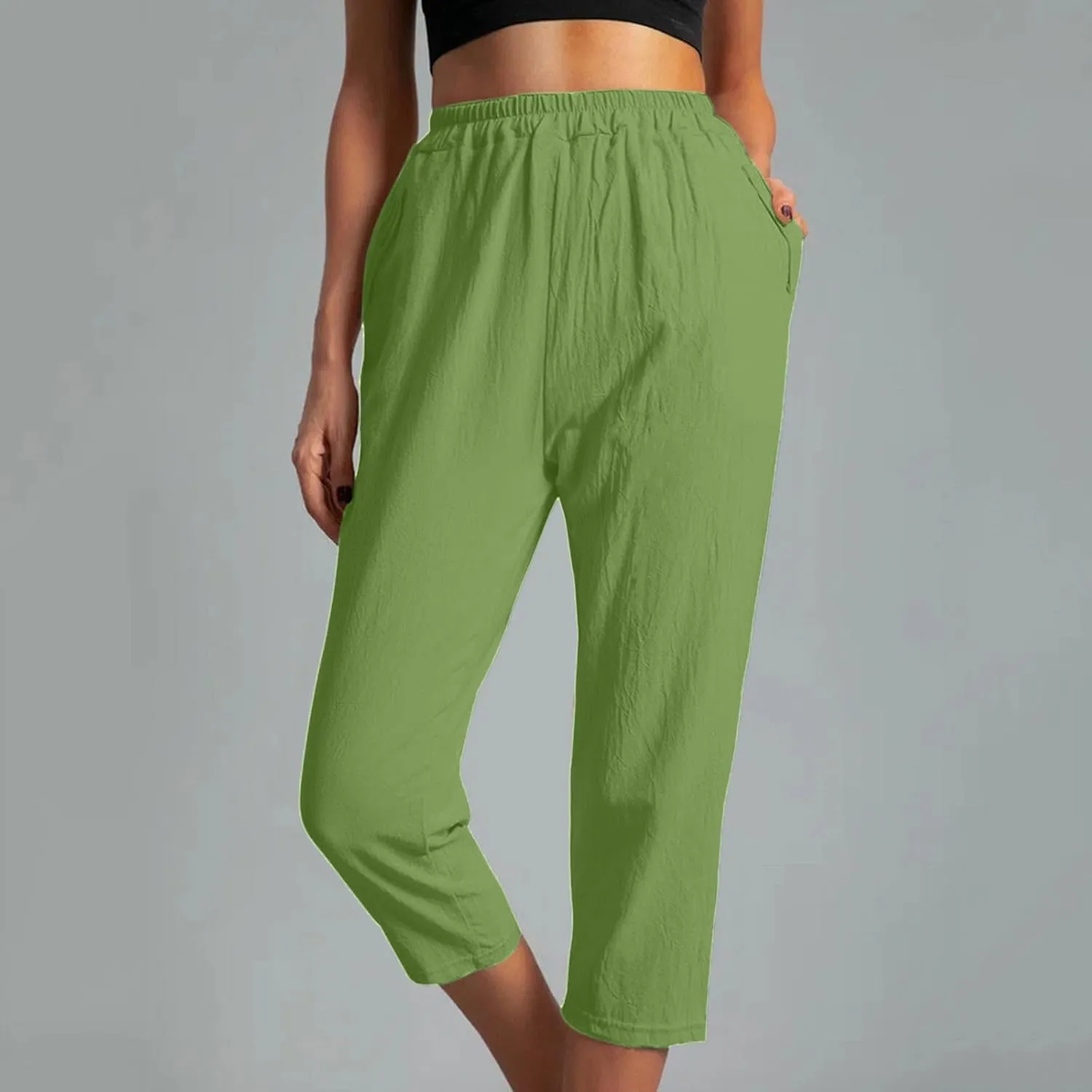 FZYLQY Womens High Waist Elastic Waist Pants Cotton Linen Summer Pants Ankle Length Comfy Trousers Boho Travel Clothes