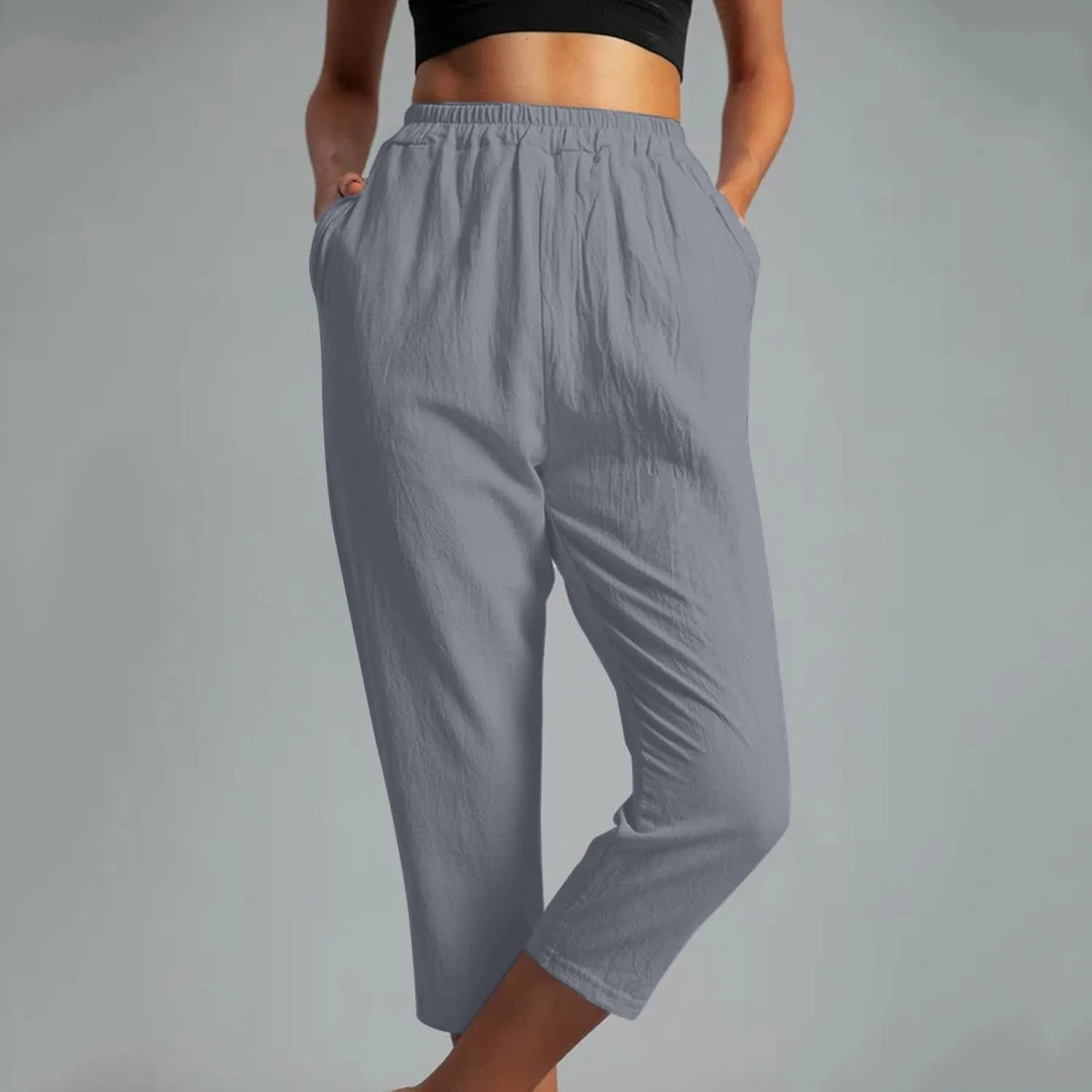 FZYLQY Womens High Waist Elastic Waist Pants Cotton Linen Summer Pants Ankle Length Comfy Trousers Boho Travel Clothes