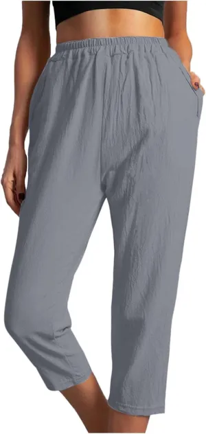 FZYLQY Womens High Waist Elastic Waist Pants Cotton Linen Summer Pants Ankle Length Comfy Trousers Boho Travel Clothes