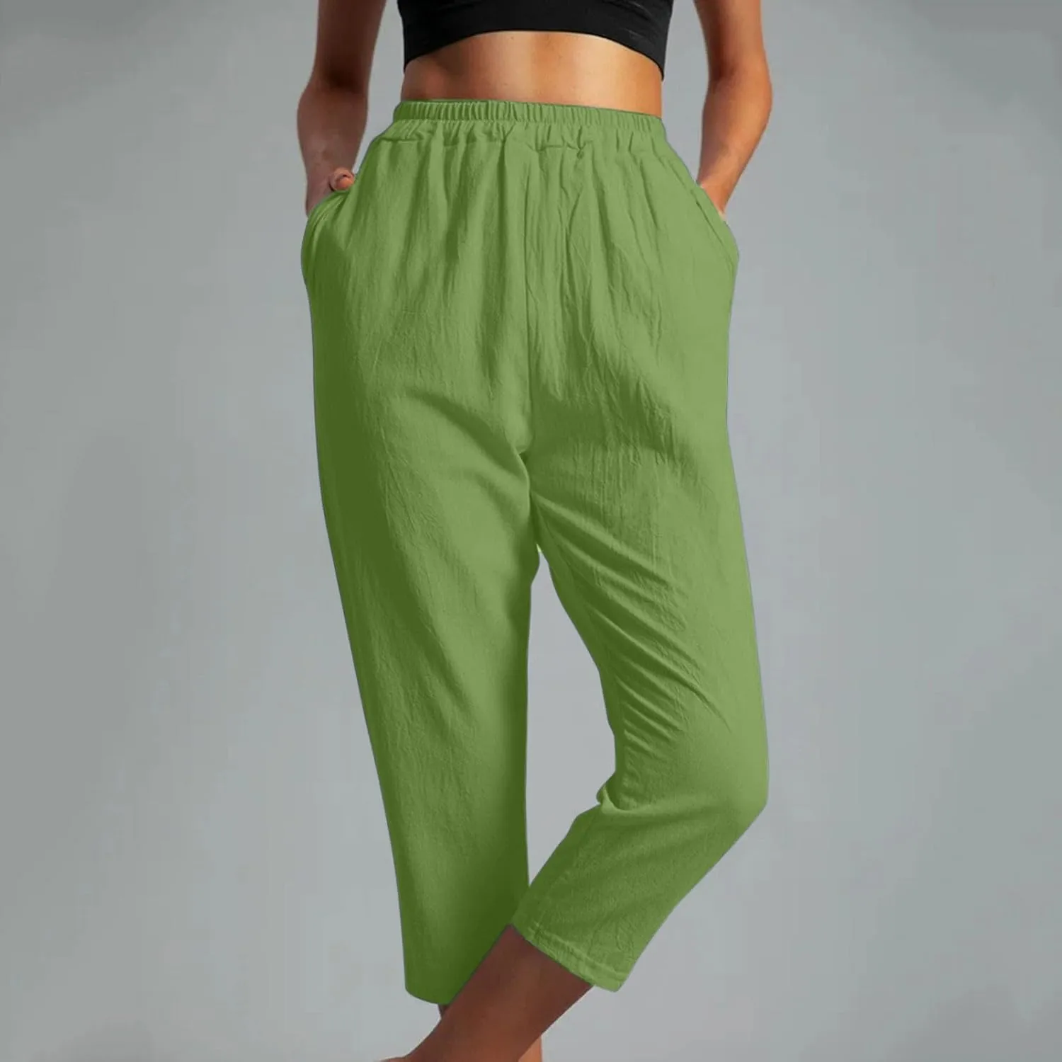 FZYLQY Womens High Waist Elastic Waist Pants Cotton Linen Summer Pants Ankle Length Comfy Trousers Boho Travel Clothes