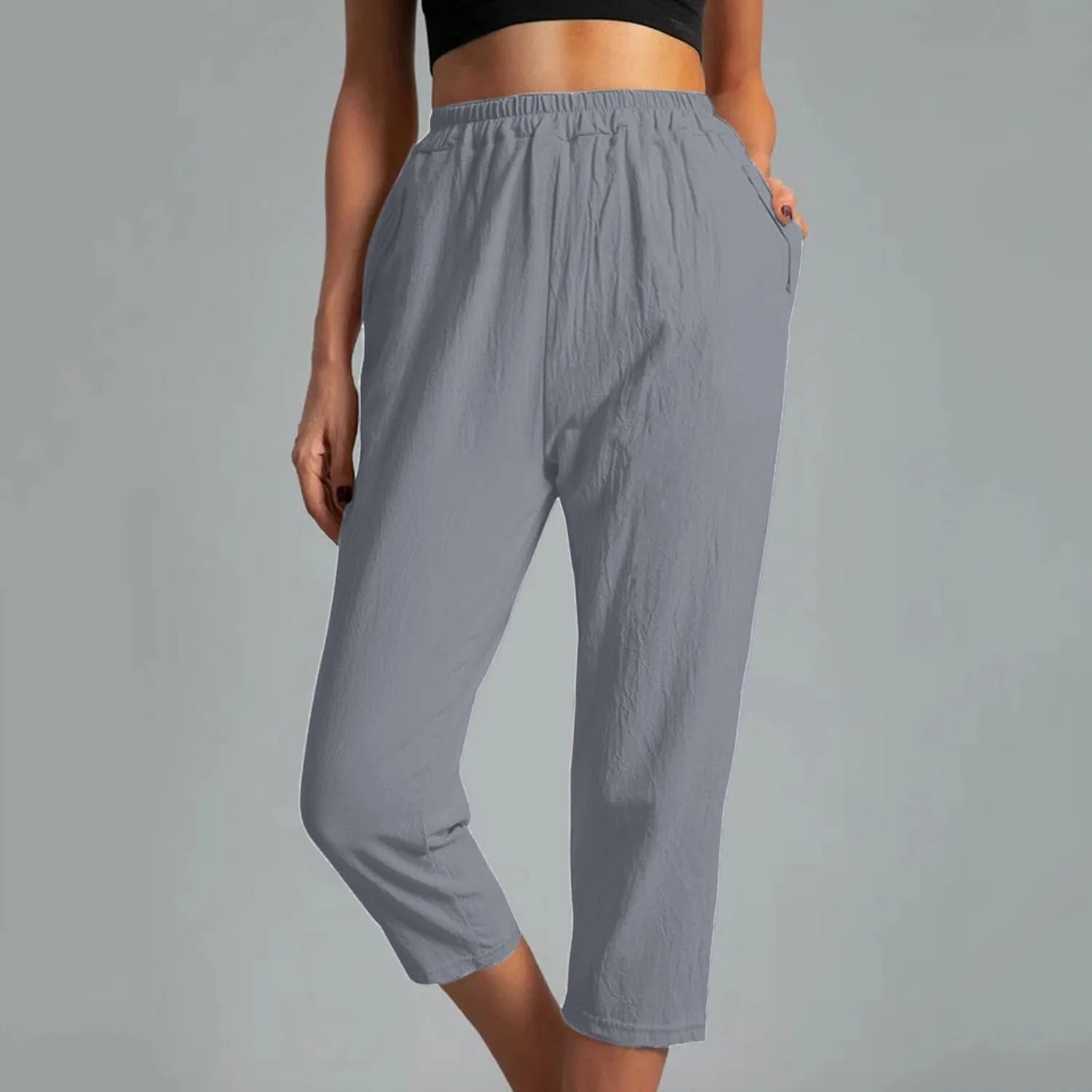 FZYLQY Womens High Waist Elastic Waist Pants Cotton Linen Summer Pants Ankle Length Comfy Trousers Boho Travel Clothes