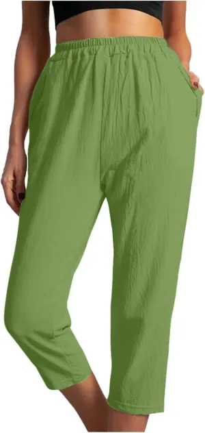 FZYLQY Womens High Waist Elastic Waist Pants Cotton Linen Summer Pants Ankle Length Comfy Trousers Boho Travel Clothes
