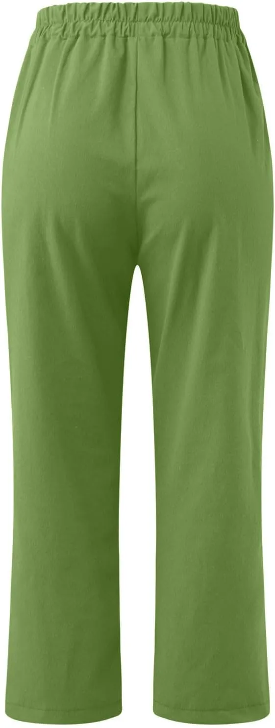 FZYLQY Womens High Waist Elastic Waist Pants Cotton Linen Summer Pants Ankle Length Comfy Trousers Boho Travel Clothes