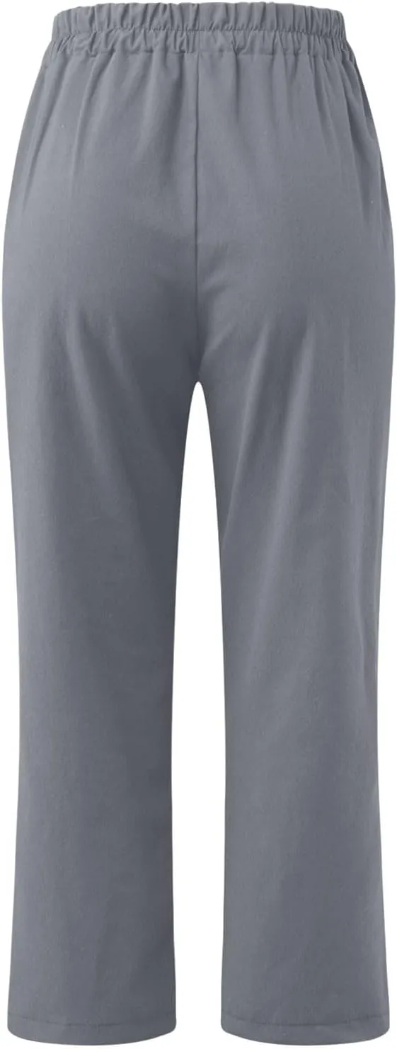 FZYLQY Womens High Waist Elastic Waist Pants Cotton Linen Summer Pants Ankle Length Comfy Trousers Boho Travel Clothes