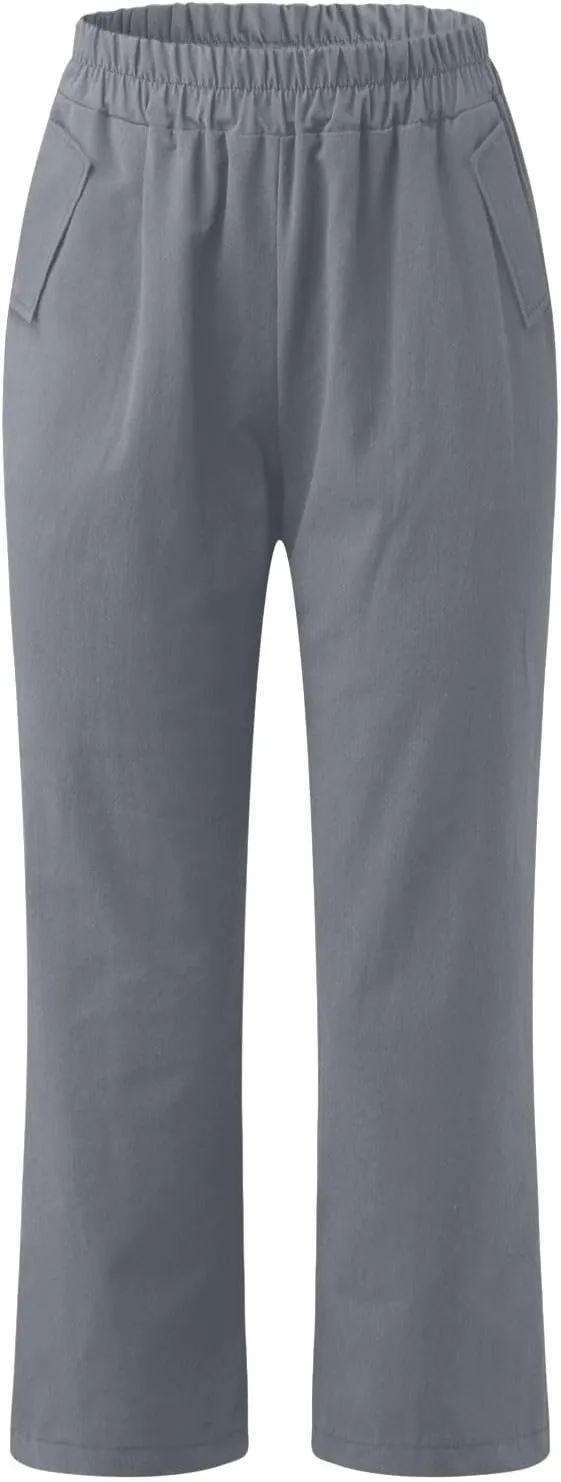 FZYLQY Womens High Waist Elastic Waist Pants Cotton Linen Summer Pants Ankle Length Comfy Trousers Boho Travel Clothes